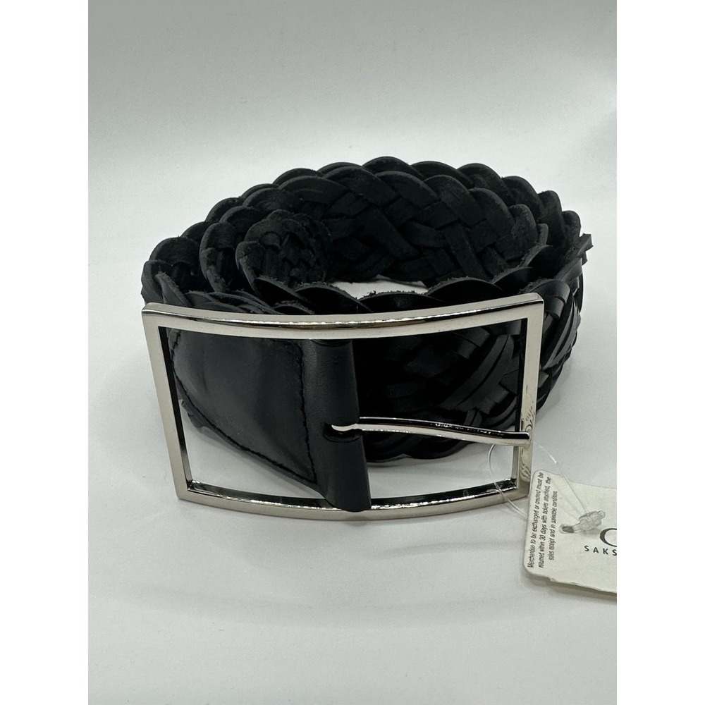 Perry Ellis Black Leather Braided Women's Belt New Size Medium Silver Buckle